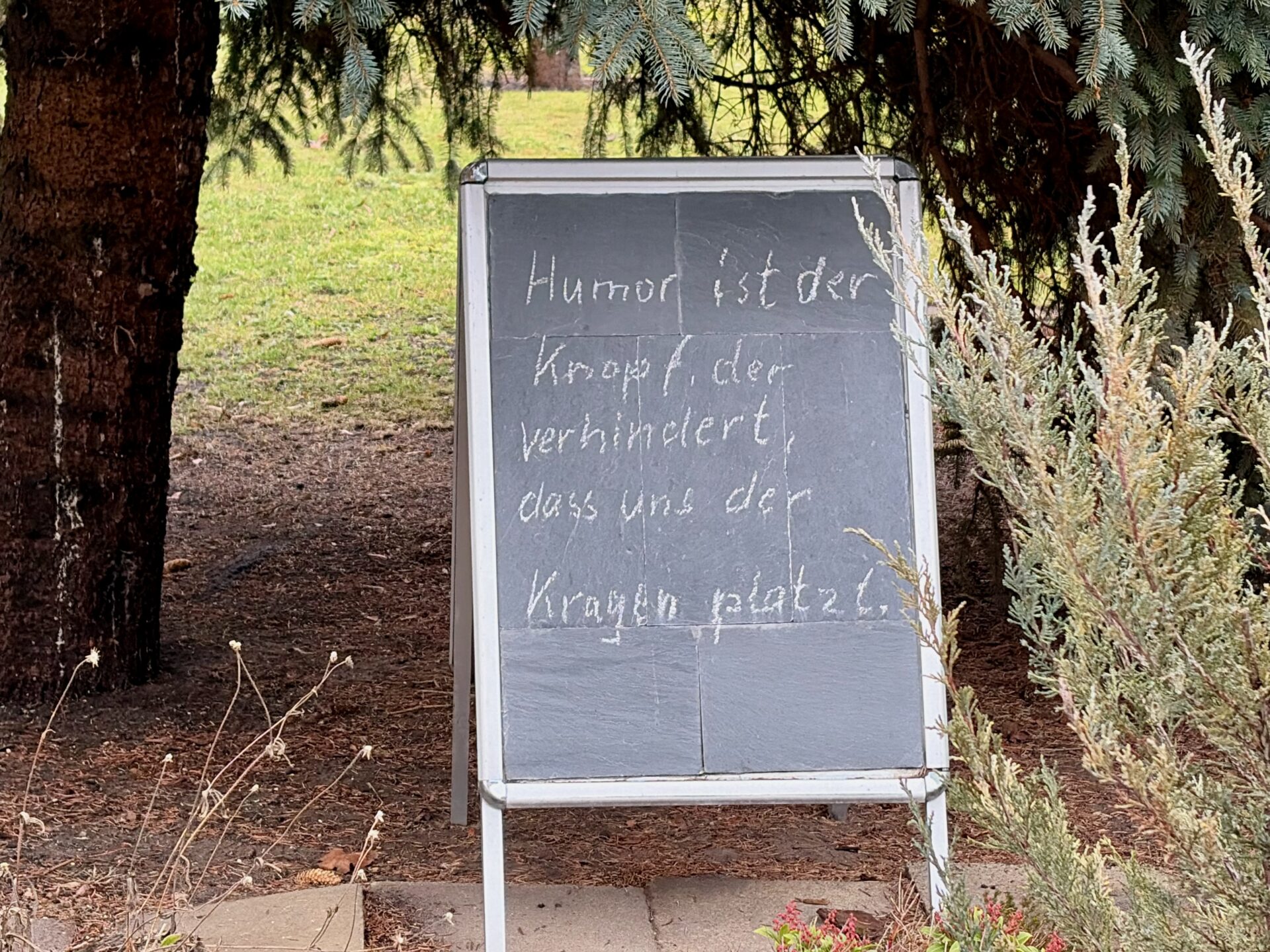 Tafel mit der Aufschrift 'Humor ist der Knopf, der verhindert, dass uns der Kragen platzt.' in einem Garten.